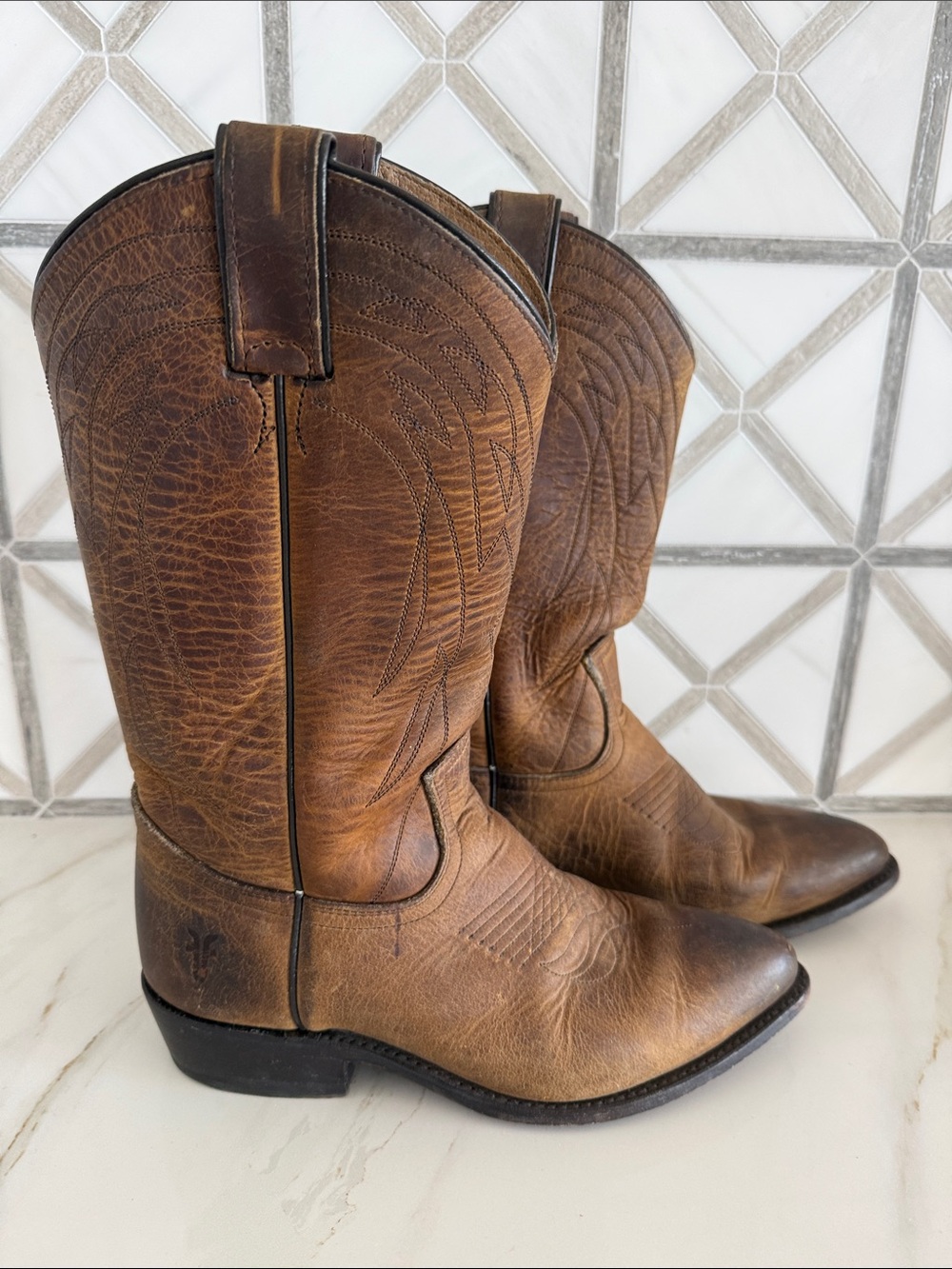 Frye Distressed Tan Brown Leather Cowboy Heeled Boots